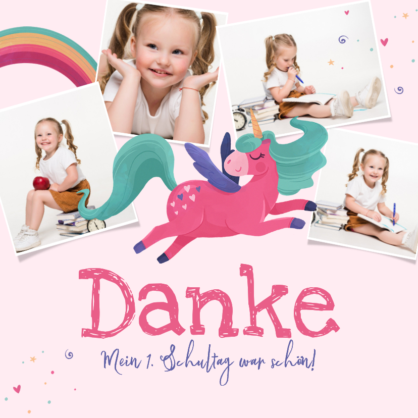 Dankeskarte zur Einschulung Regenbogen & Einhorn - Einschulungskarten Einschulungskarten - Dankeskarte zur Einschulung Regenbogen & Einhorn