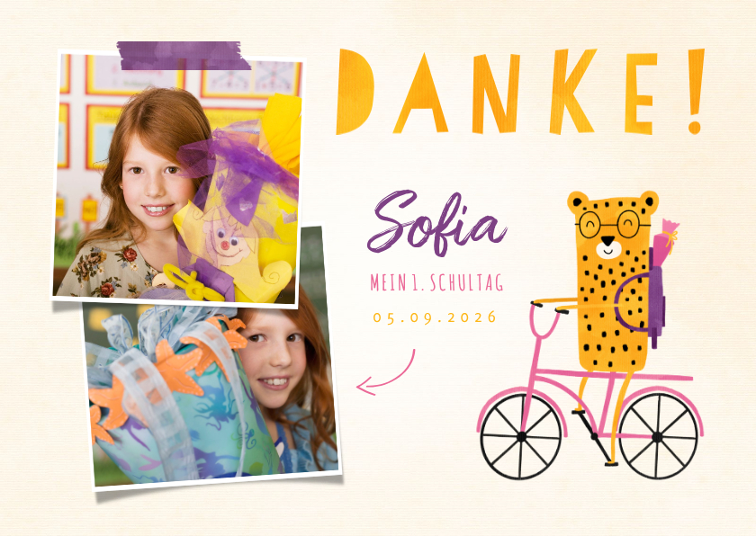 Einschulungskarten - Dankeskarte zur Einschulung rosa Rad mit Leopard