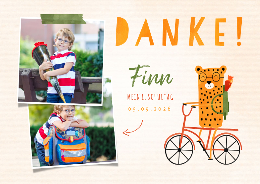 Einschulungskarten - Dankeskarte zur Einschulung rotes Rad mit Leopard