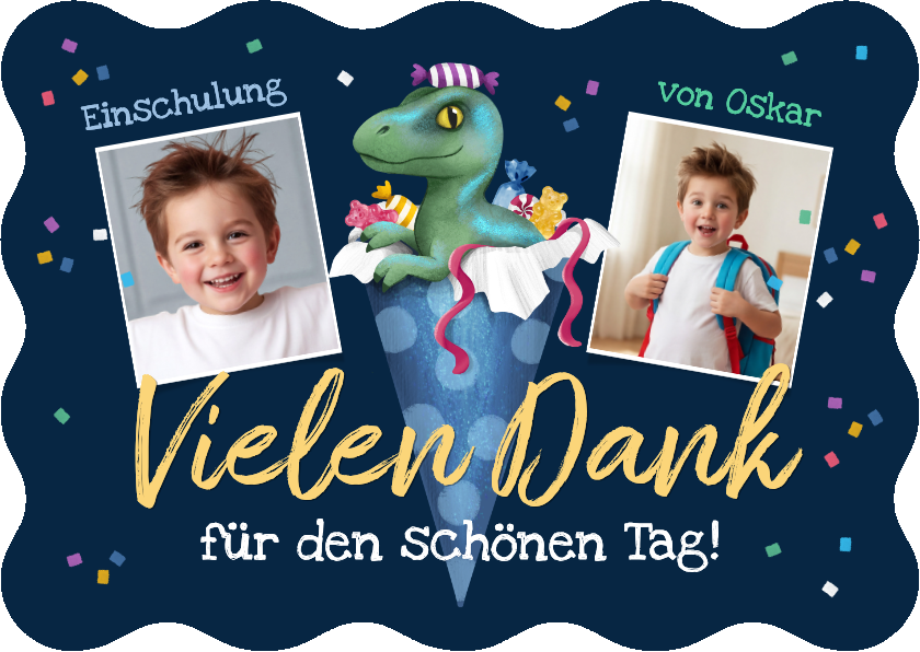 Danksagung 1. Schultag Fotos & Dino Raptor in Schultüte - Einschulungskarten Einschulungskarten - Danksagung 1. Schultag Fotos & Dino Raptor in Schultüte