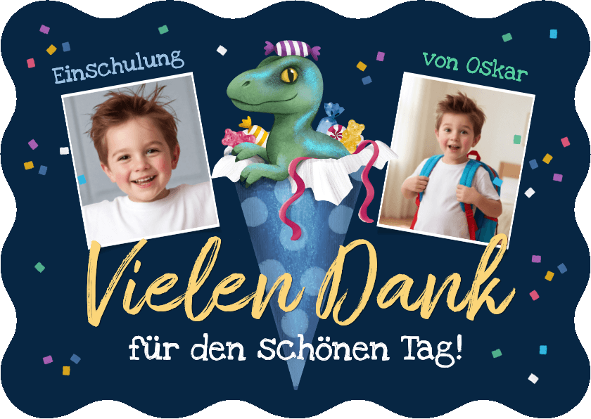 Danksagung 1. Schultag Fotos & Dino Raptor in Schultüte - Einschulungskarten Einschulungskarten - Danksagung 1. Schultag Fotos & Dino Raptor in Schultüte