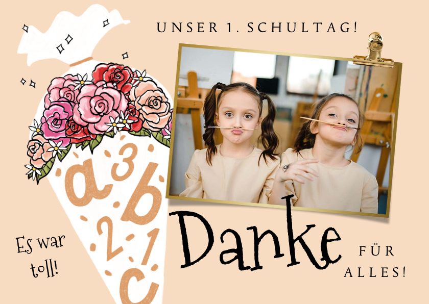 Einschulungskarten - Danksagungskarte Einschulung Foto & blumige Schultüte