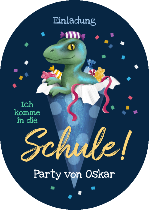 Einschulungskarten - Einladung 1. Schultag Dino Raptor in Schultüte