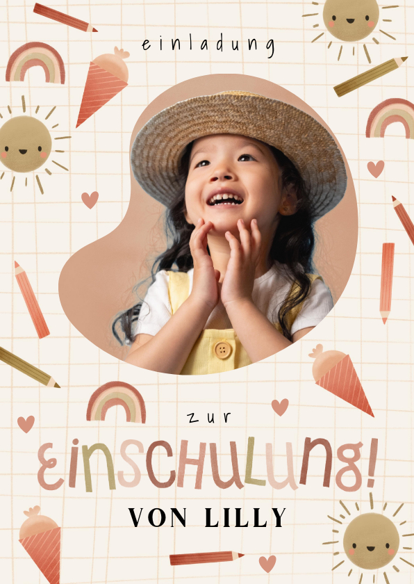 Einschulungskarten - Einladung Einschulung Foto & kleine Symbole rostbraun