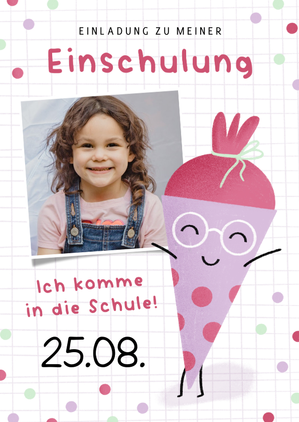 Einschulungskarten - Einladung Einschulung lustige Schultüte lila