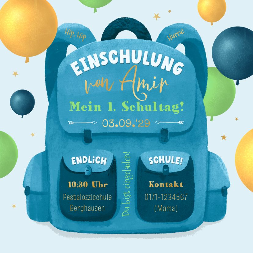 Einschulungskarten - Einladung Einschulung Rucksack und Luftballons