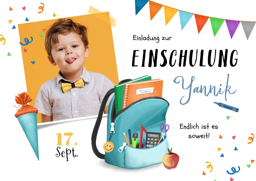 Einladung zur Einschulung blauer Rucksack & Foto - Einschulungskarten Einschulungskarten - Einladung zur Einschulung blauer Rucksack & Foto