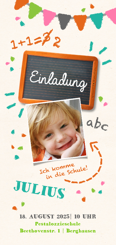 Einschulungskarten - Einladung zur Einschulung Foto & bunte Kreide