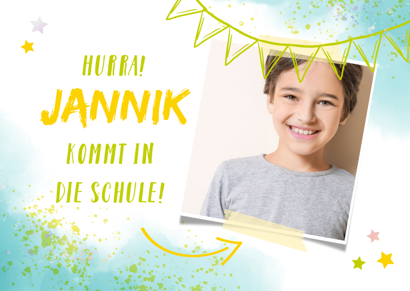 Einladung zur Einschulung Foto & blaugrüne Kleckse - Einschulungskarten Einschulungskarten - Einladung zur Einschulung Foto & blaugrüne Kleckse