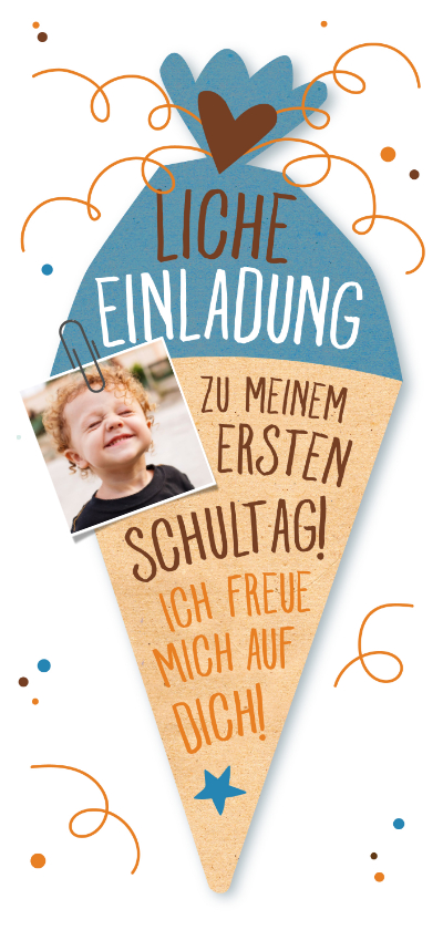 Einschulungskarten - Einladung zur Einschulung Schultüte blau & eigenes Foto