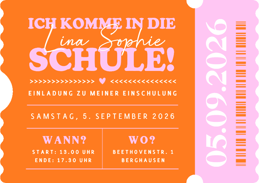 Einschulungskarten - Einladung zur Einschulung Ticket Colourblocking pink-orange