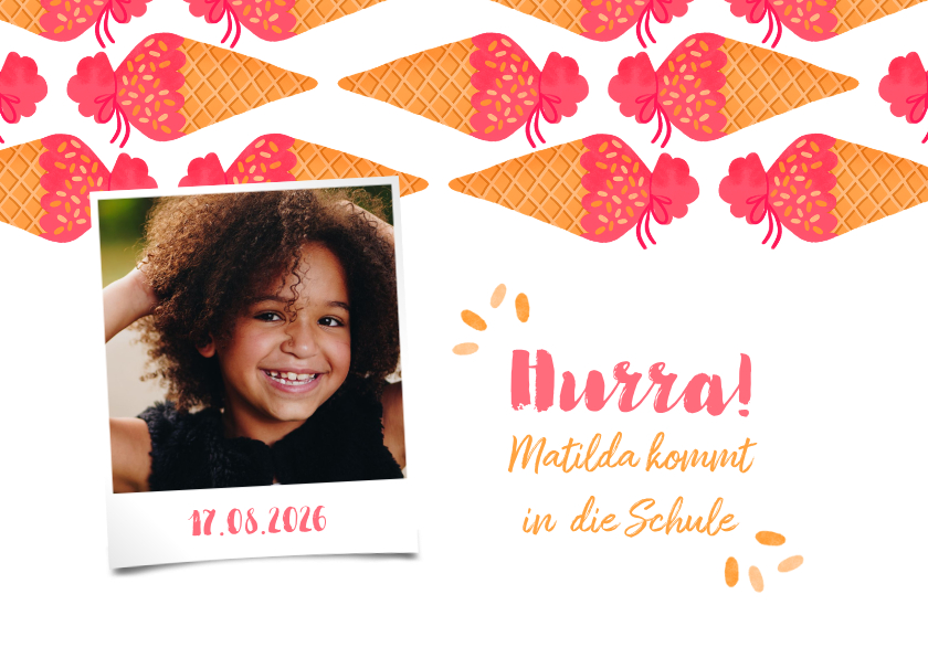 Einschulungskarten - Einladungskarte Einschulung Schultüte pink, Foto & Eis