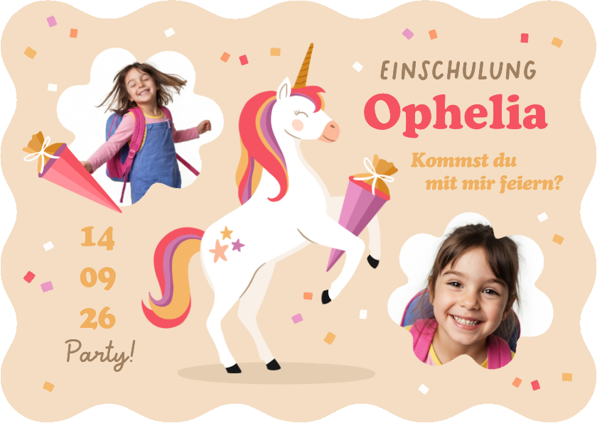 Einschulungskarten - Einladungskarte Schulanfang Einhorn mit Schultüte & Fotos