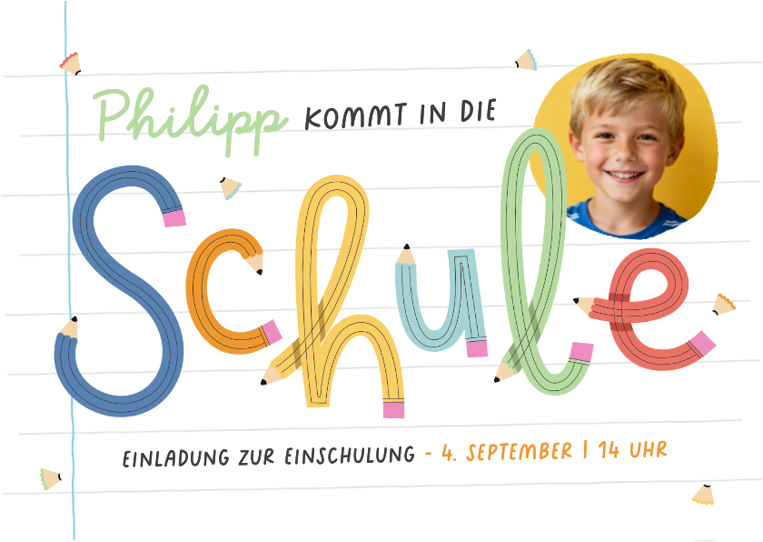 Einschulungskarten - Einladungskarte Schulanfang Foto & Bleistift-Schrift