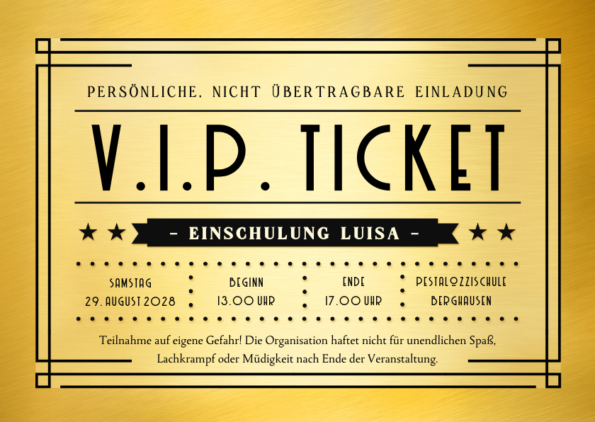 Einschulungskarten - Einladungskarte zur Einschulung VIP-Ticket Goldlook