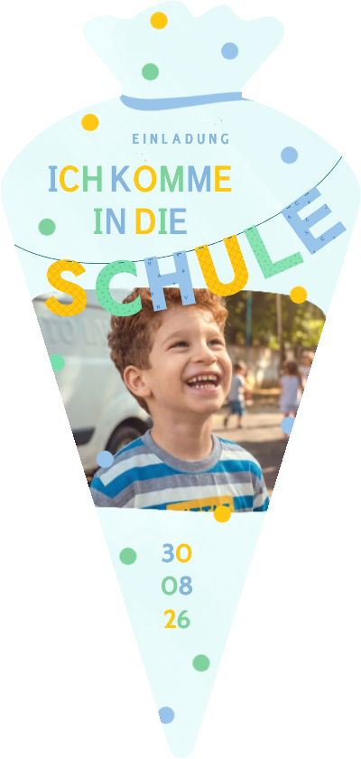 Einschulungskarten - Einschulungskarte blau Schultüte Foto & Konfetti