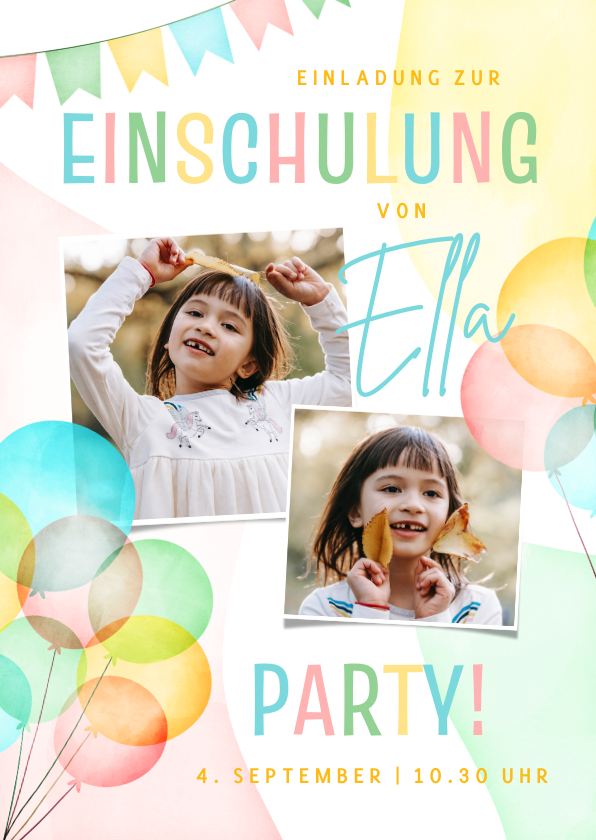 Einschulungskarten - Einschulungskarte Fotos & bunte Luftballons