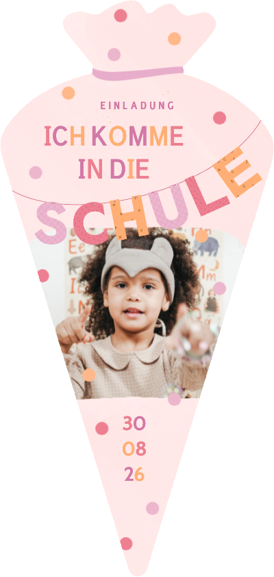 Einschulungskarte rosa Schultüte Foto & Konfetti - Einschulungskarten Einschulungskarten - Einschulungskarte rosa Schultüte Foto & Konfetti