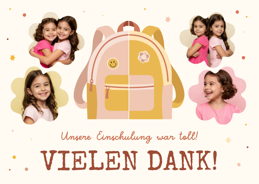 Einschulungskarten - Foto-Dankeskarte 1. Schultag Zwilling rosa-gelber Rucksack