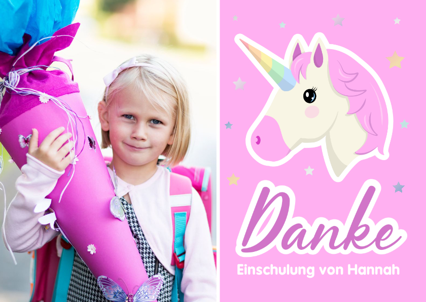 Einschulungskarten - Foto-Dankeskarte Einschulung Pink Unicorn