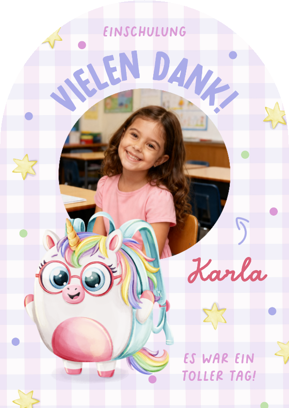 Einschulungskarten - Foto-Dankeskarte Einschulungstag Einhorn-Rucksack