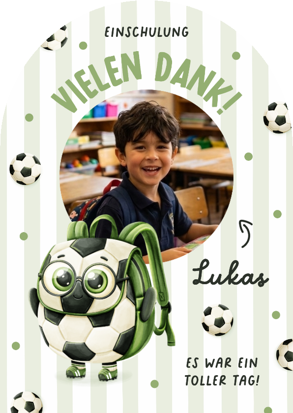 Einschulungskarten - Foto-Dankeskarte Einschulungstag Fußball-Rucksack