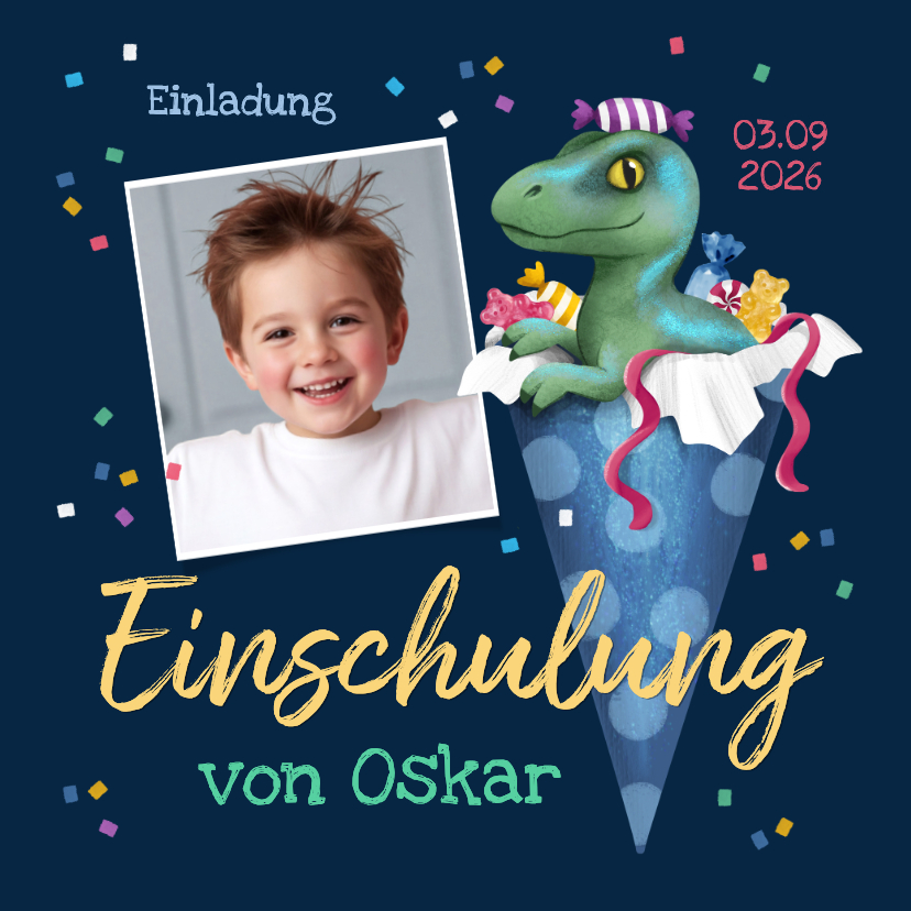 Einschulungskarten - Foto-Einladung 1. Schultag Dino Raptor in Schultüte