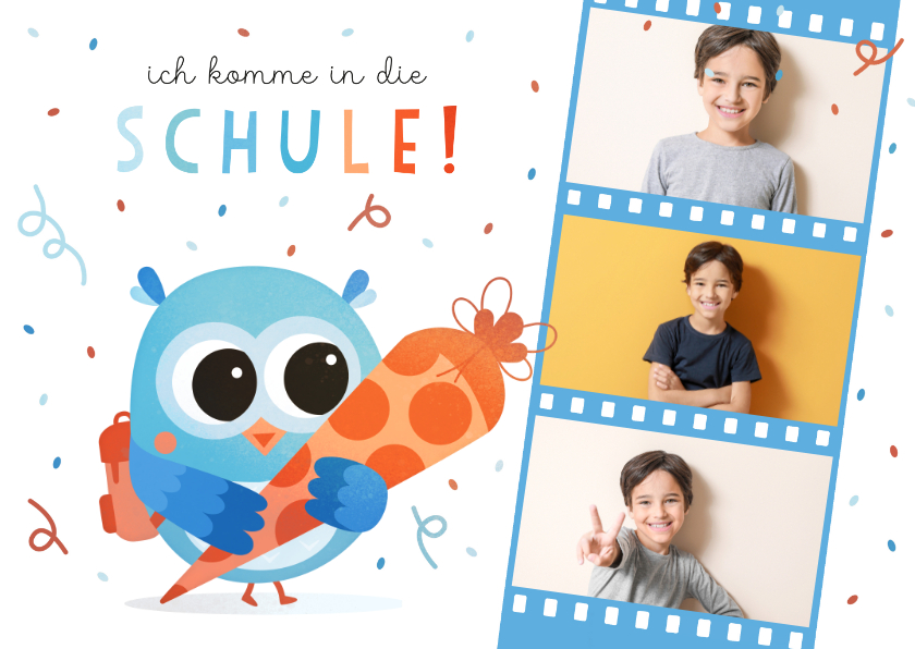 Einschulungskarten - Foto-Einladung Einschulung blaue Eule mit Schultüte