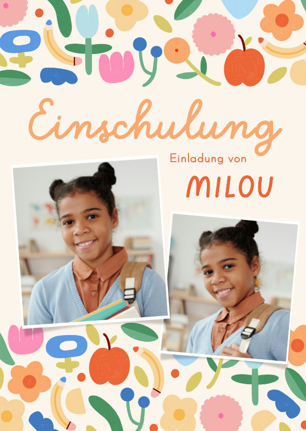 Einschulungskarten - Foto-Einladung Einschulungsfeier buntes Blumenmuster