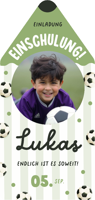 Foto-Einladung Einschulungstag Bleistift Fußball - Einschulungskarten Einschulungskarten - Foto-Einladung Einschulungstag Bleistift Fußball