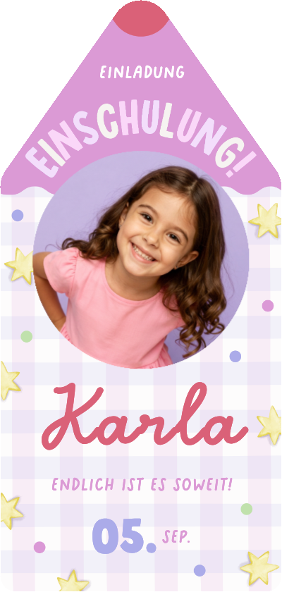 Einschulungskarten - Foto-Einladung Einschulungstag Bleistift lila Karos 