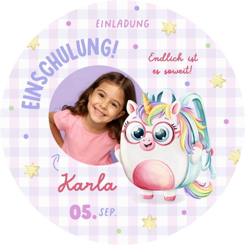 Einschulungskarten - Foto-Einladung Einschulungstag Einhorn-Rucksack