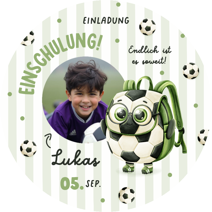 Einschulungskarten - Foto-Einladung Einschulungstag Fußball-Rucksack