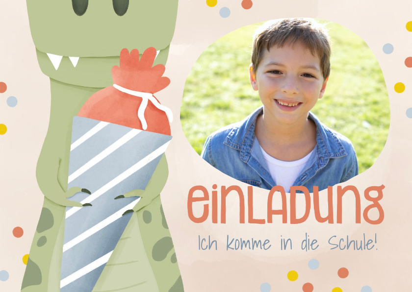 Foto-Einladung zur Einschulung Dino mit Schultüte - Einschulungskarten Einschulungskarten - Foto-Einladung zur Einschulung Dino mit Schultüte