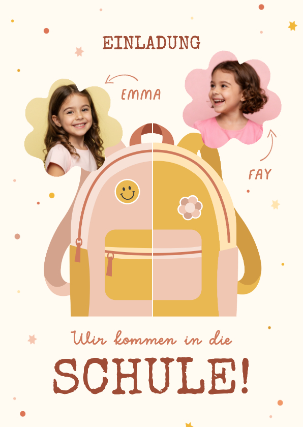 Einschulungskarten - Foto-Einschulungskarte Zwilling rosa-gelber Rucksack