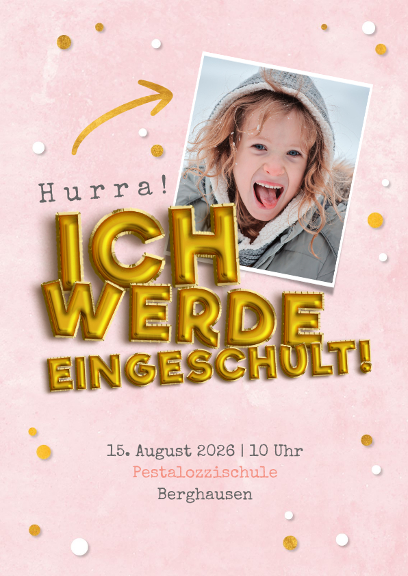 Einschulungskarten - Fotoeinladung rosa Einschulung Folienballons