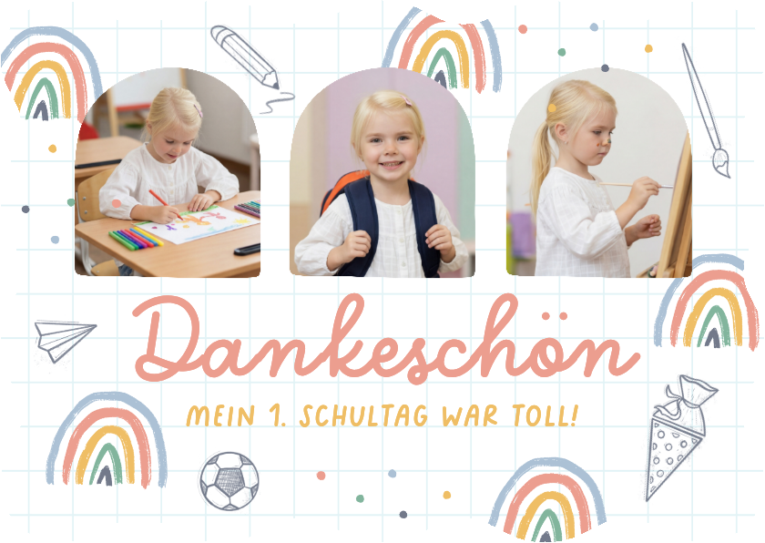 Fotokarte Danksagung Einschulung Regenbogen & Doodles - Einschulungskarten Einschulungskarten - Fotokarte Danksagung Einschulung Regenbogen & Doodles