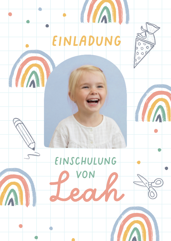 Fotokarte Einladung Einschulung Regenbogen & Doodles - Einschulungskarten Einschulungskarten - Fotokarte Einladung Einschulung Regenbogen & Doodles