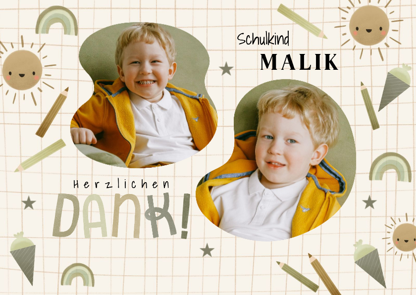 Einschulungskarten - Karte Danke Einschulung olivgrün, Fotos & kleine Symbole