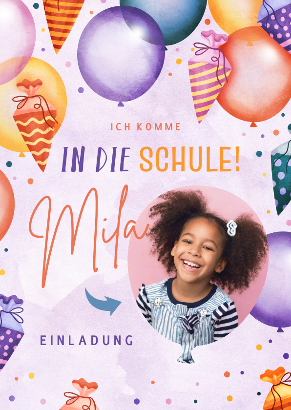 Einschulungskarten - Lila Einladung zur Einschulung Ballons & Schultüten