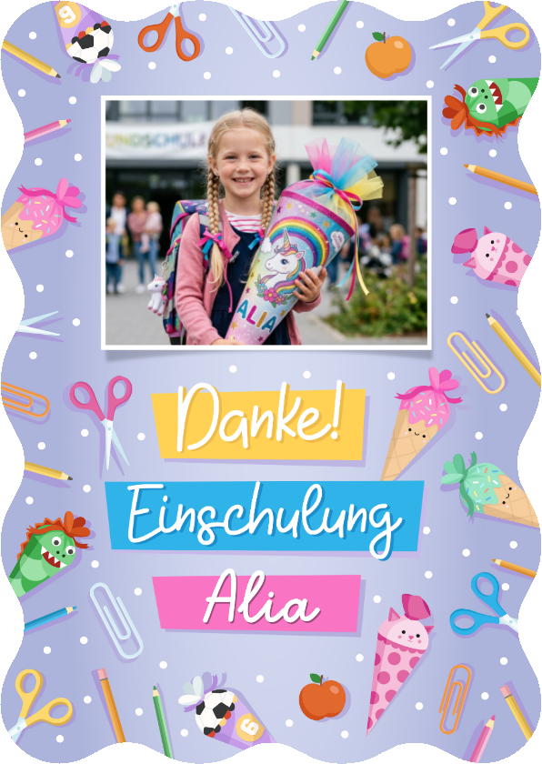 Einschulungskarten - Lila Foto-Danksagung 1. Schultag Wellenform bunte Symbole