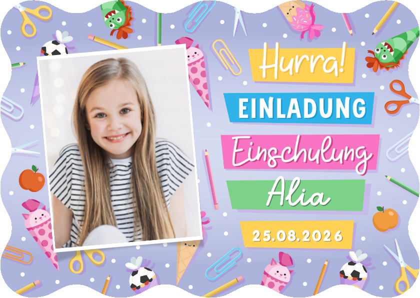 Einschulungskarten - Lila Foto-Einladung 1. Schultag Wellenform bunte Symbole