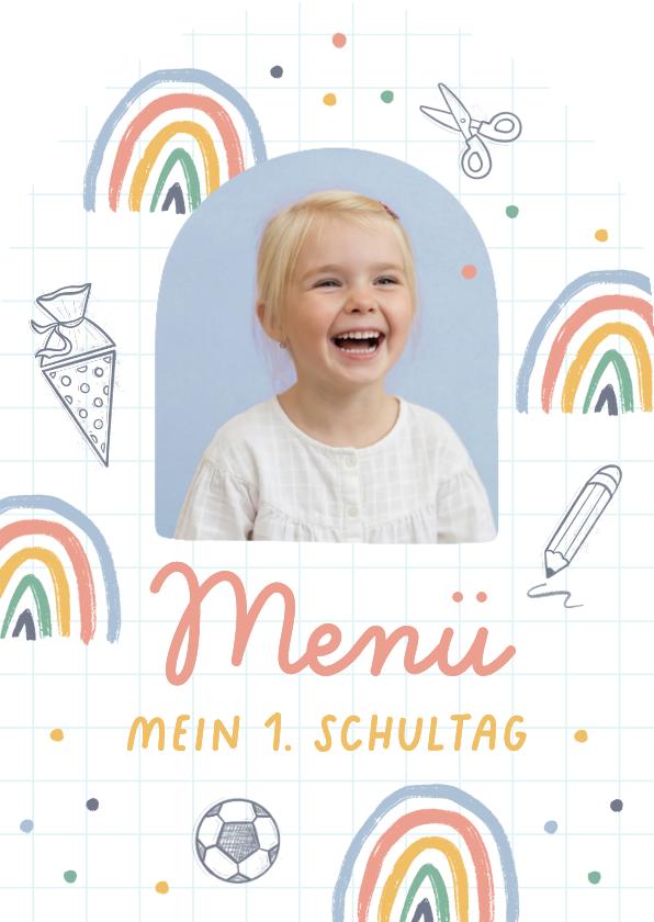 Einschulungskarten - Menükarte Einschulung Foto, Regenbogen & Doodles