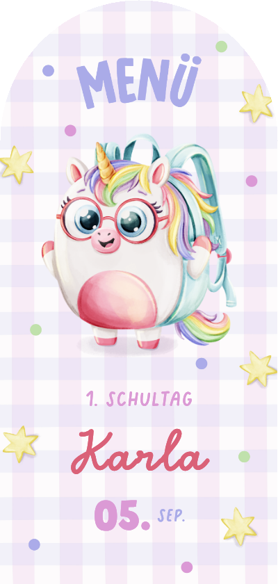 Einschulungskarten - Menükarte Einschulungstag Einhorn-Rucksack