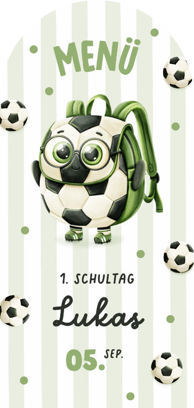 Einschulungskarten - Menükarte Einschulungstag Fußball-Rucksack