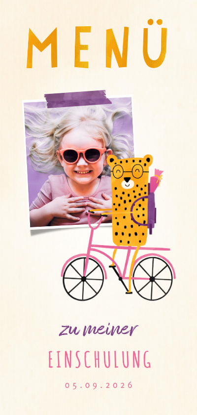 Einschulungskarten - Menükarte zur Einschulung rosa Rad mit Leopard & Foto