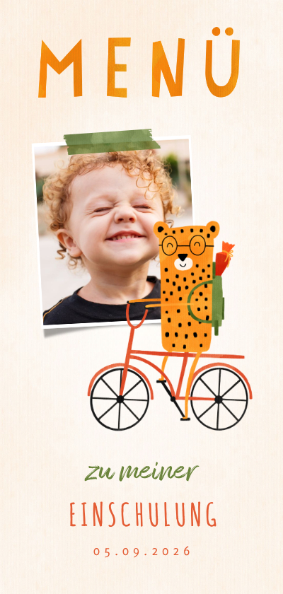 Menükarte zur Einschulung rotes Rad mit Leopard & Foto - Einschulungskarten Einschulungskarten - Menükarte zur Einschulung rotes Rad mit Leopard & Foto