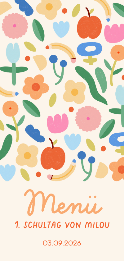 Einschulungskarten - Speisekarte Einschulungsfeier buntes Blumenmuster