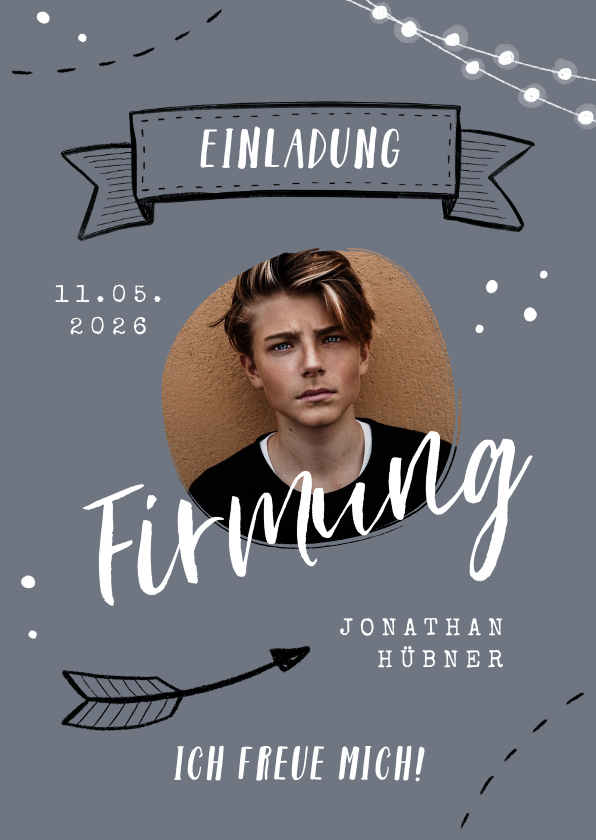 Firmungskarten - Einladung zur Firmung Foto und Scribble grau