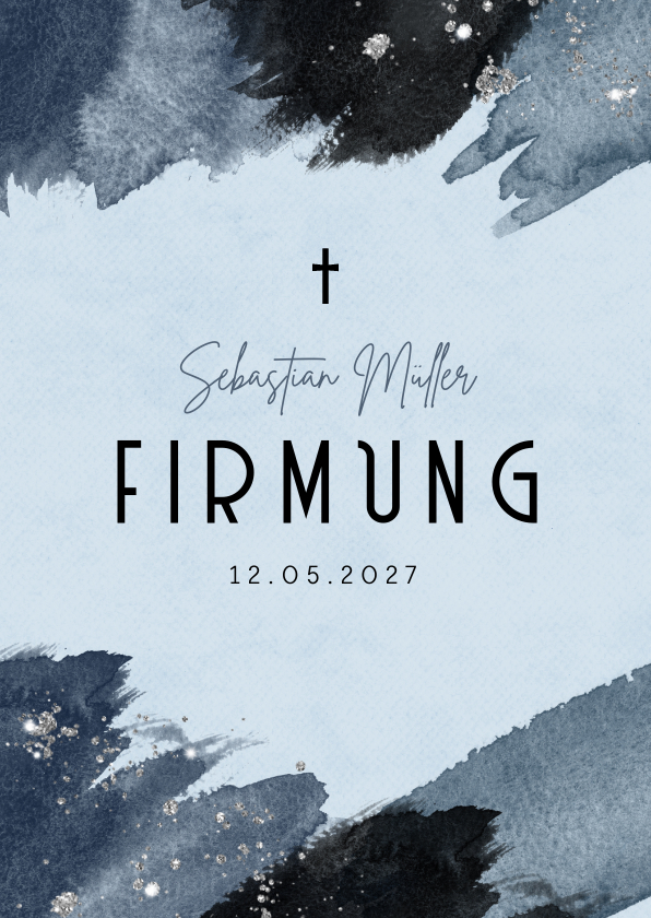 Firmungskarten - Firmung Einladungskarte blaue Pinselstriche 